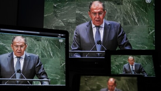Sergei Lavrov, Russia's foreign minister, speaks during the United Nations General Assembly via live stream in New York, on Saturday.&nbsp;(Bloomberg)