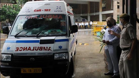 An ambulance carries the body of Jitender Maan alias Gogi from Rohini district court complex. Gogi was shot dead inside a courtroom by two assailants belonging allegedly to the Tillu Tajpuriya. Both Gogi and Tajpuriya were among Delhi most notorious criminal ganglords. (ANI photo)