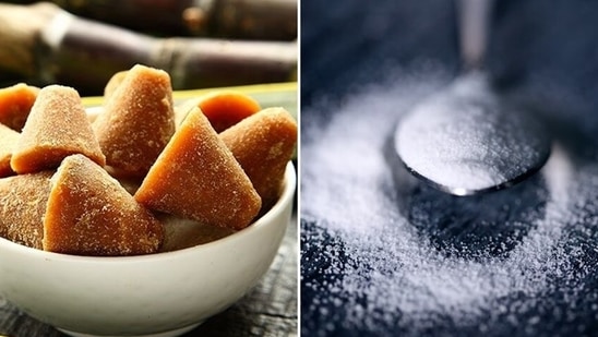 1. Jaggery instead of white sugar: If you are using white sugar in your daily cup of tea, lemonade or desserts, it is not helping you in any way. White sugar is jut empty calories while jaggery is nutrient rich, says Dr Bhavsar.(Pinterest, Unsplash)