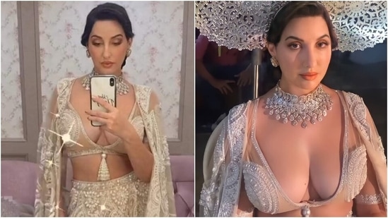 Nora Fatehi is nothing less than royalty in bralette and thigh-slit lehenga, all pics and videos(Instagram/@norafatehi_fan)