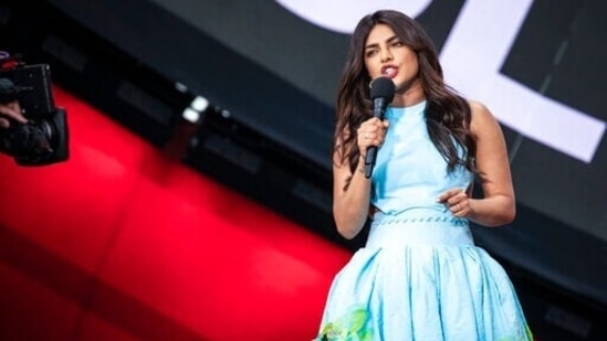 Priyanka Chopra speaks to the audience at the Global Citizen Live concert.(Vianney Le Caer/Invision/AP)