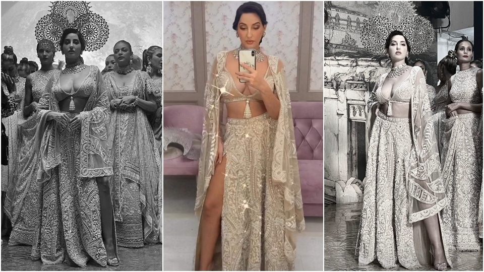 Nora Fatehi in pearl blouse and chikankari lehenga will leave you  spellbound. New video - India Today