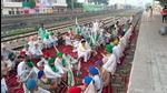 Protesters block the tracks at Barnala railway station in Punjab on Monday in response to the Bharat Bandh called by farmer unions. (HT Photo) Protesters block the tracks at Barnala railway station in Punjab on Monday in response to the Bharat Bandh called by farmer unions. (HT Photo)