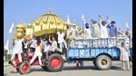 Farmers protest as part of the Bharat bandh call of Samyukt Kisan Morcha against the central government’s three farm laws in Amritsar district of Punjab on Monday. The Tarn Taran, Gurdaspur and Pathankot districts also witnessed similar protests. Farmers protest as part of the Bharat bandh call of Samyukt Kisan Morcha against the central government’s three farm laws in Amritsar district of Punjab on Monday. The Tarn Taran, Gurdaspur and Pathankot districts also witnessed similar protests.