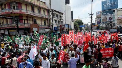 Opposition parties take part in a march during the nationwide Bharat Bandh , in Patna on Monday. (ANI) Opposition parties take part in a march during the nationwide Bharat Bandh , in Patna on Monday. (ANI)