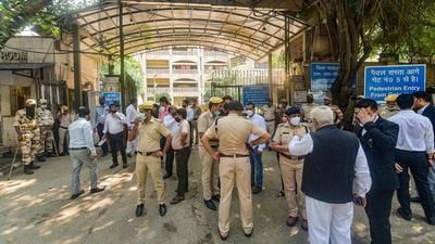 Security tightened at Rohini court, a day after the shooting incident, in New Delhi on Saturday. On Saturday, HT reported that Delhi high court registry on September 4, 2020, highlighted the need for augmenting security at court complexes across the city. (PTI) Security tightened at Rohini court, a day after the shooting incident, in New Delhi on Saturday. On Saturday, HT reported that Delhi high court registry on September 4, 2020, highlighted the need for augmenting security at court complexes across the city. (PTI)