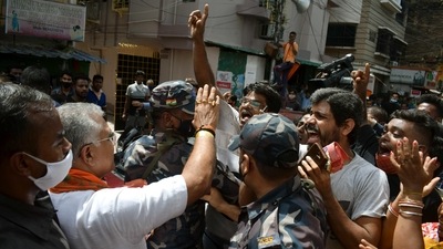 BJP National vice president Dilip Ghosh during an election campaign in favour of BJP candidate for Bhabanipur Priyanka Tibrewal as TMC and BJP supporters clash with each other, in Kolkata. (ANI Photo) (Saikat Paul) BJP National vice president Dilip Ghosh during an election campaign in favour of BJP candidate for Bhabanipur Priyanka Tibrewal as TMC and BJP supporters clash with each other, in Kolkata. (ANI Photo) (Saikat Paul)