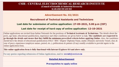CSIR-CECRI recruitment: Last date to apply for the post of technical assistants, technicians CSIR-CECRI recruitment: Last date to apply for the post of technical assistants, technicians