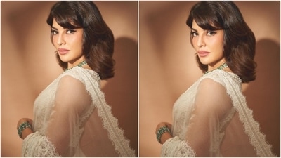 Jacqueline completed the look by donning a matching embroidered sheer white jacket on her shoulders. The hem, sleeves, and the front panel of the drape came decorated with embroidered lace that had scalloped borders. The layering added a sleek modern vibe. (Instagram/@chandiniw)