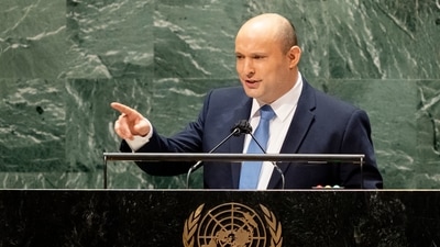 Israel's prime minister Naftali Bennett addresses the 76th Session of the United Nations General Assembly, on September 27, 2021, at UN headquarters in New York.&nbsp; (AFP)