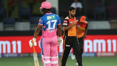 Bhuvneshwar Kumar celebrates Evin Lewis' (6) wicket. (BCCI/IPL) Bhuvneshwar Kumar celebrates Evin Lewis' (6) wicket. (BCCI/IPL)