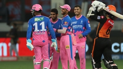 Mahipal Lomror and RR team celebrate after dismissing Saha on 18. (BCCI/IPL) Mahipal Lomror and RR team celebrate after dismissing Saha on 18. (BCCI/IPL)