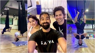 Varun Dhawan does backbend yoga with Janhvi Kapoor at Malaika Arora's studio: Boys do yoga too (Instagram/@varundvn) Varun Dhawan does backbend yoga with Janhvi Kapoor at Malaika Arora's studio: Boys do yoga too (Instagram/@varundvn)