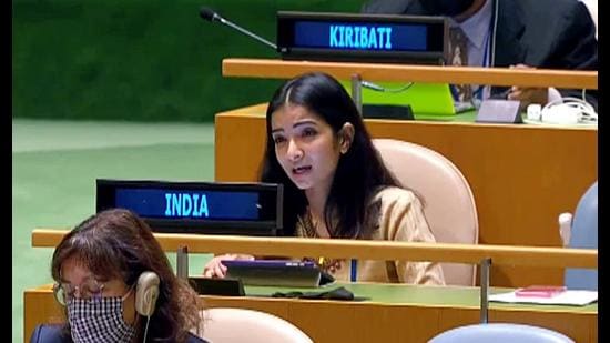 India’s First Secretary to UN, Sneha Dubey’s fiery reply to Pakistan’s Prime Minister Imran Khan, during the 76th session of United Nations General Assembly in New York, went viral on social media recently. (Photo: ANI)