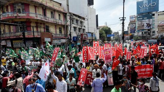 Opposition parties take part in a march during the nationwide Bharat Bandh , in Patna on Monday. (ANI)