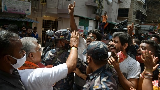 BJP National vice president Dilip Ghosh during an election campaign in favour of BJP candidate for Bhabanipur Priyanka Tibrewal as TMC and BJP supporters clash with each other, in Kolkata. (ANI Photo)(Saikat Paul)