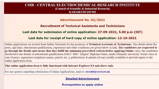 CSIR-CECRI recruitment: Last date to apply for the post of technical assistants, technicians