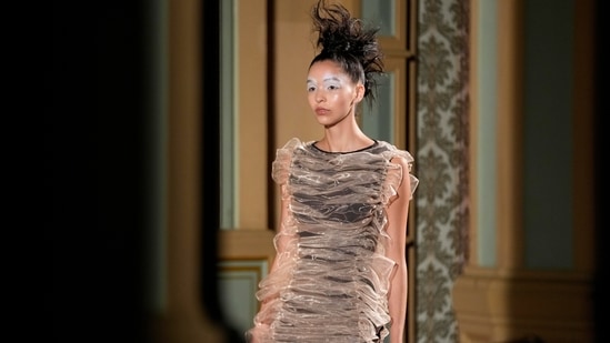 A model wears a creation of Francesca Liberatore Spring Summer 2022 collection (AP) A model wears a creation of Francesca Liberatore Spring Summer 2022 collection (AP)
