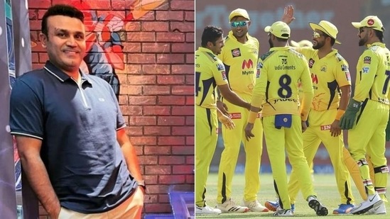 Virender Sehwag (L) lauds CSK's 2-wicket win ober KKR (HT Collage)