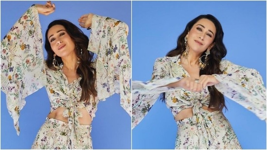 Karisma Kapoor lifts our spirits in pretty floral crop blouse-skirt with statement earrings on Kapil Sharma Show(Instagram/@therealkarismakapoor)