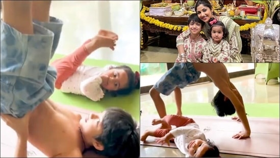 Shilpa Shetty Kundra's kids bonding over Yoga's Sarvangasana and Chakrasana in new workout video is the cutest fitness motivation(Instagram/theshilpashetty/viaanrajkundra)