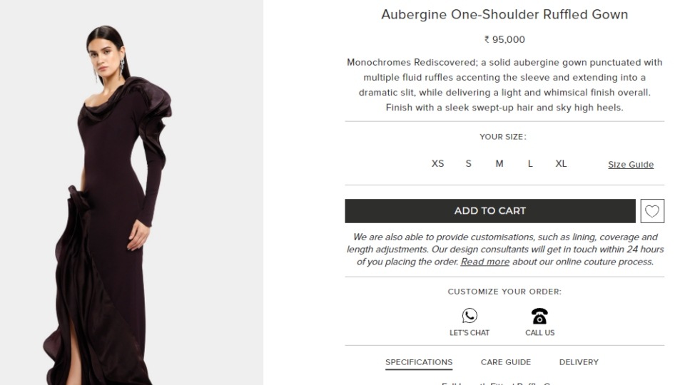 The aubergine one-shoulder ruffled gown.(gauravguptastudio.com)