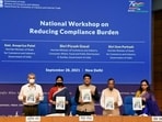 Union Minister for Commerce and Industry, Consumer Affairs, Food and Public Distribution and Textiles Piyush Goyal releasing the publication at the National Workshop on ‘Reducing Compliance Burden and Citizen Activities’, organised by the DPIIT, in New Delhi(ANI)