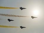 Jets of Chinese People's Liberation Army (PLA) Air Force&nbsp;Bayi aerobatic team perform at the China International Aviation and Aerospace Exhibition, or Airshow China, in Zhuhai, Guangdong province, China September 28, 2021.&nbsp;