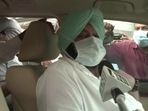 Former Punjab CM Amarinder Singh speaking to reporters at Delhi airport on Tuesday.