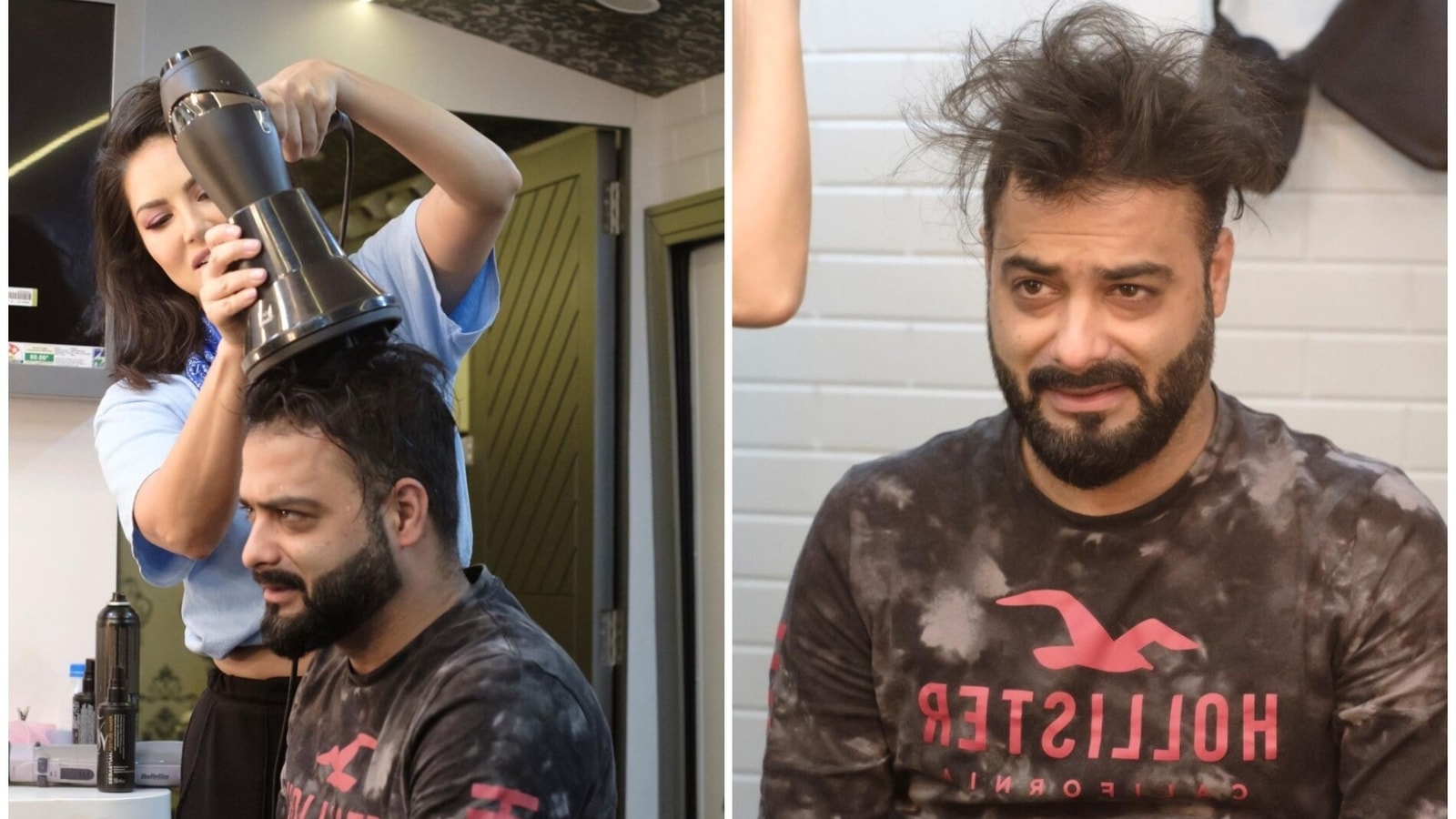 Sunny Leone turns hairstylist for her manager, attempts to salvage his hairstyle after botching it up. See photos