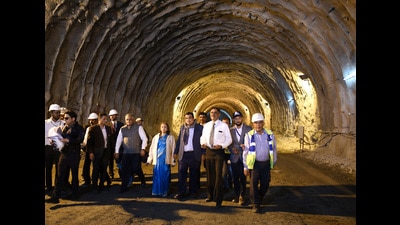 Union transport minister Nitin Gadkari inside the under-construction Zojila tunnel in Baltaal, Srinagar, of Jammu and Kashmir on Tuesday. (Waseem Andrabi/HT) Union transport minister Nitin Gadkari inside the under-construction Zojila tunnel in Baltaal, Srinagar, of Jammu and Kashmir on Tuesday. (Waseem Andrabi/HT)