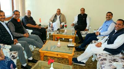 Himachal chief minister Jai Ram Thakur along with BJP national vice president Saudan Singh and BJP state president Suresh Kashyap attending a meeting to shortlist candidates of bypolls in the state, in Shimla on Tuesday. (HT PHOTO) Himachal chief minister Jai Ram Thakur along with BJP national vice president Saudan Singh and BJP state president Suresh Kashyap attending a meeting to shortlist candidates of bypolls in the state, in Shimla on Tuesday. (HT PHOTO)
