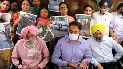 Mohali mayor Amarjit Singh Sidhu (centre) flanked by Congress councillors holding placards showcasing stray cattle menace on city roads during MC House meeting on Tuesday. (HT PHOTO)