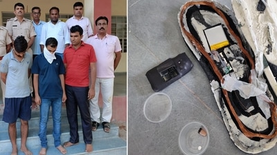 Three of the five accused arrested for using a device in a slipper to cheat in the REET examination, in Bikaner on Sunday. (ANI File Photo)