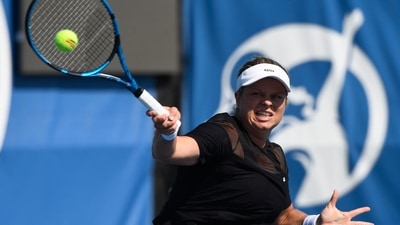 Kim Clijsters, of Belgium, hits a forehand against Su-Wei Hsieh, of Taiwan, during her first round match in the Chicago Fall Tennis Classic tournament, Monday, Sept. 27, 2021, in Chicago. (AP) Kim Clijsters, of Belgium, hits a forehand against Su-Wei Hsieh, of Taiwan, during her first round match in the Chicago Fall Tennis Classic tournament, Monday, Sept. 27, 2021, in Chicago. (AP)