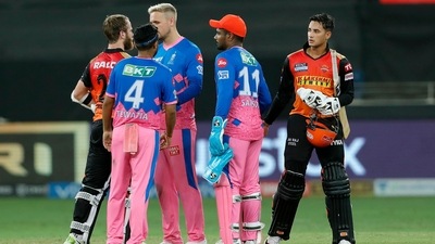 Sunrisers Hyderabad and Rajasthan Royals shake hands at the end of match 40 of the Indian Premier League between the Sunrisers Hyderabad and the Rajasthan Royals, at the Dubai International Stadium (PTI) Sunrisers Hyderabad and Rajasthan Royals shake hands at the end of match 40 of the Indian Premier League between the Sunrisers Hyderabad and the Rajasthan Royals, at the Dubai International Stadium (PTI)