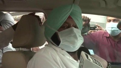 Former Punjab CM Amarinder Singh speaking to reporters at Delhi airport on Tuesday. (ANI Photo) Former Punjab CM Amarinder Singh speaking to reporters at Delhi airport on Tuesday. (ANI Photo)