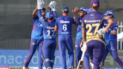 Delhi Capitals spinner R Ashwin celebrates with teammates after taking the wicket of Kolkata Knight Riders captain Eoin Morgan. (IPL/Twitter) Delhi Capitals spinner R Ashwin celebrates with teammates after taking the wicket of Kolkata Knight Riders captain Eoin Morgan. (IPL/Twitter)