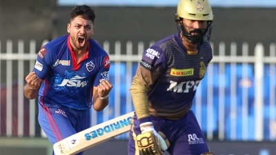 DC pacer Avesh Khan returned fine figures of 3/13 from three overs and triggered a small collapse for KKR in the middle overs. (IPL/Twitter) DC pacer Avesh Khan returned fine figures of 3/13 from three overs and triggered a small collapse for KKR in the middle overs. (IPL/Twitter)