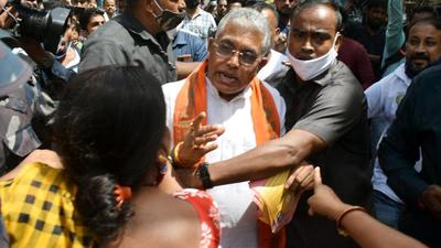 BJP national vice president Dilip Ghosh was obstructed during election campaign for party candidate from Bhabanipur, Priyanka Tibrewal in Kolkata on Monday. (Saikat Paul/ANI Photo)