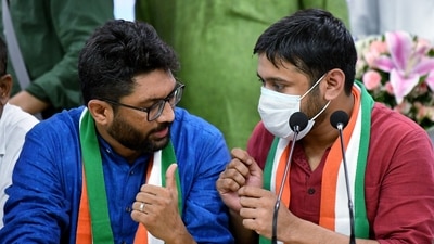 Former CPI leader Kanhaiya Kumar and Independent MLA from Gujarat Jignesh Mevani during a press conference after joining Congress. (ANI) Former CPI leader Kanhaiya Kumar and Independent MLA from Gujarat Jignesh Mevani during a press conference after joining Congress. (ANI)