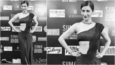 Sharing the monochrome pictures on her Instagram handle, Shruti Haasan captioned it, "A goth is never saree." (Instagram/@shrutzhaasan) Sharing the monochrome pictures on her Instagram handle, Shruti Haasan captioned it, "A goth is never saree." (Instagram/@shrutzhaasan)