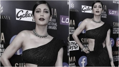 Shruti Haasan looked stunning in this stylish shimmery saree-gown. (Instagram/@ shrutzhaasan) Shruti Haasan looked stunning in this stylish shimmery saree-gown. (Instagram/@ shrutzhaasan)