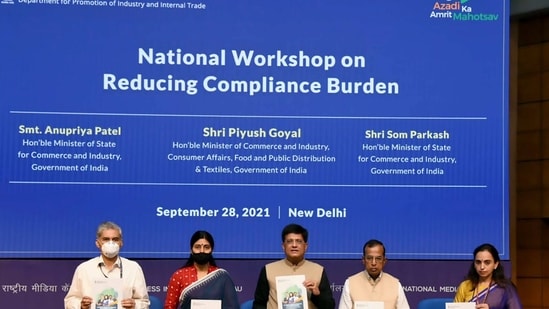 Union Minister for Commerce and Industry, Consumer Affairs, Food and Public Distribution and Textiles Piyush Goyal releasing the publication at the National Workshop on ‘Reducing Compliance Burden and Citizen Activities’, organised by the DPIIT, in New Delhi(ANI)
