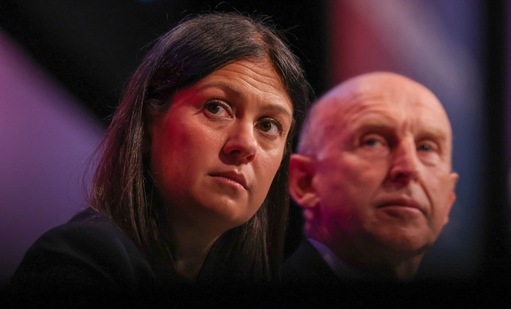 Lisa Nandy, UK shadow foreign secretary, sits next to John Healey, UK shadow defence secretary, at the annual Labour Party conference in Brighton, UK(Bloomberg)