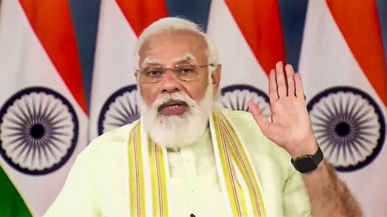 Prime Minister Narendra Modi addresses during an inauguration of the National Institute of Biotic Stress Management in Raipur via video conferencing in New Delhi.&nbsp;(PTI)