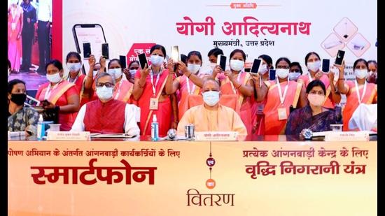 Chief minister Yogi Adityanath during a programme to promote nutrition among women and children in the state capital on Tuesday (Sourced)