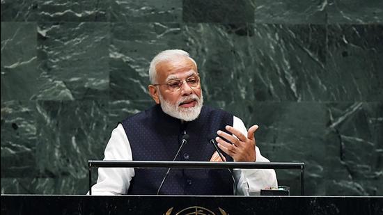 Prime Minister Narendra Modi addresses at the UN General Assembly on September 25. India may update its NDC ahead of or at the COP26 to be held in Glasgow in November. (ANI)