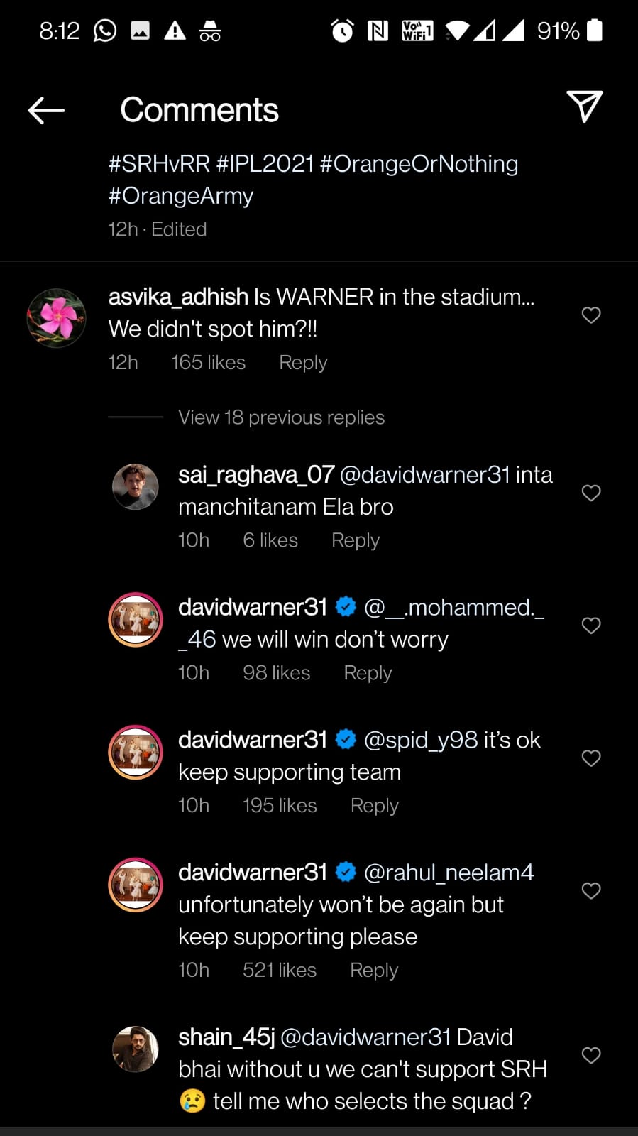 Warner's replies to SRH fans Warner's replies to SRH fans
