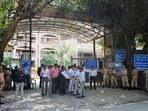 Following the shootout on Friday, many advocate groups met Delhi Police officers and demanded enhanced security at the court premises. (Sanchit Khanna/HT Photo) Following the shootout on Friday, many advocate groups met Delhi Police officers and demanded enhanced security at the court premises. (Sanchit Khanna/HT Photo)